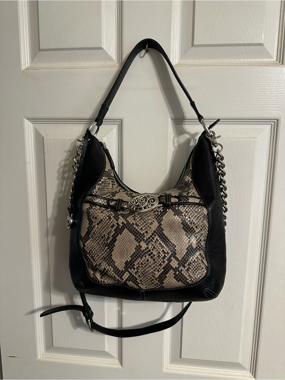 Brighton Black Shoulder Bag with Beige Snake-Print Front